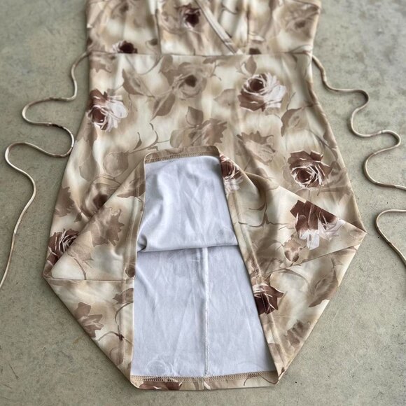 Vintage 90s Mini Dress Floral Brown Tan Made in USA Large - Picture 3 of 7